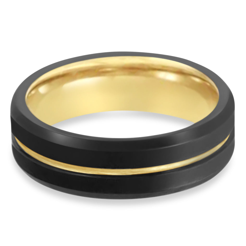 Men's Grooved 18K Yellow Gold PVD & Black PVD Tungsten Band (7mm)