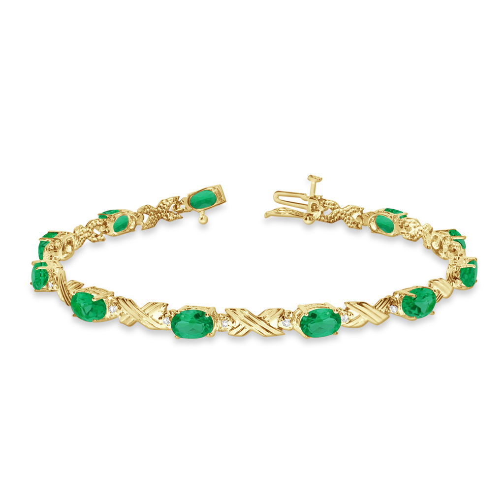 Lab Emerald & Lab Diamond XOXO Link Bracelet in 14k Yellow Gold (6.65ct)