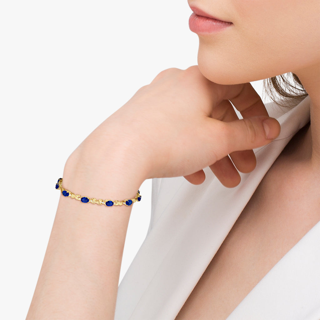 Lab Blue Sapphire & Lab Diamond XOXO Link Bracelet 14k Yellow Gold (6.65ct)