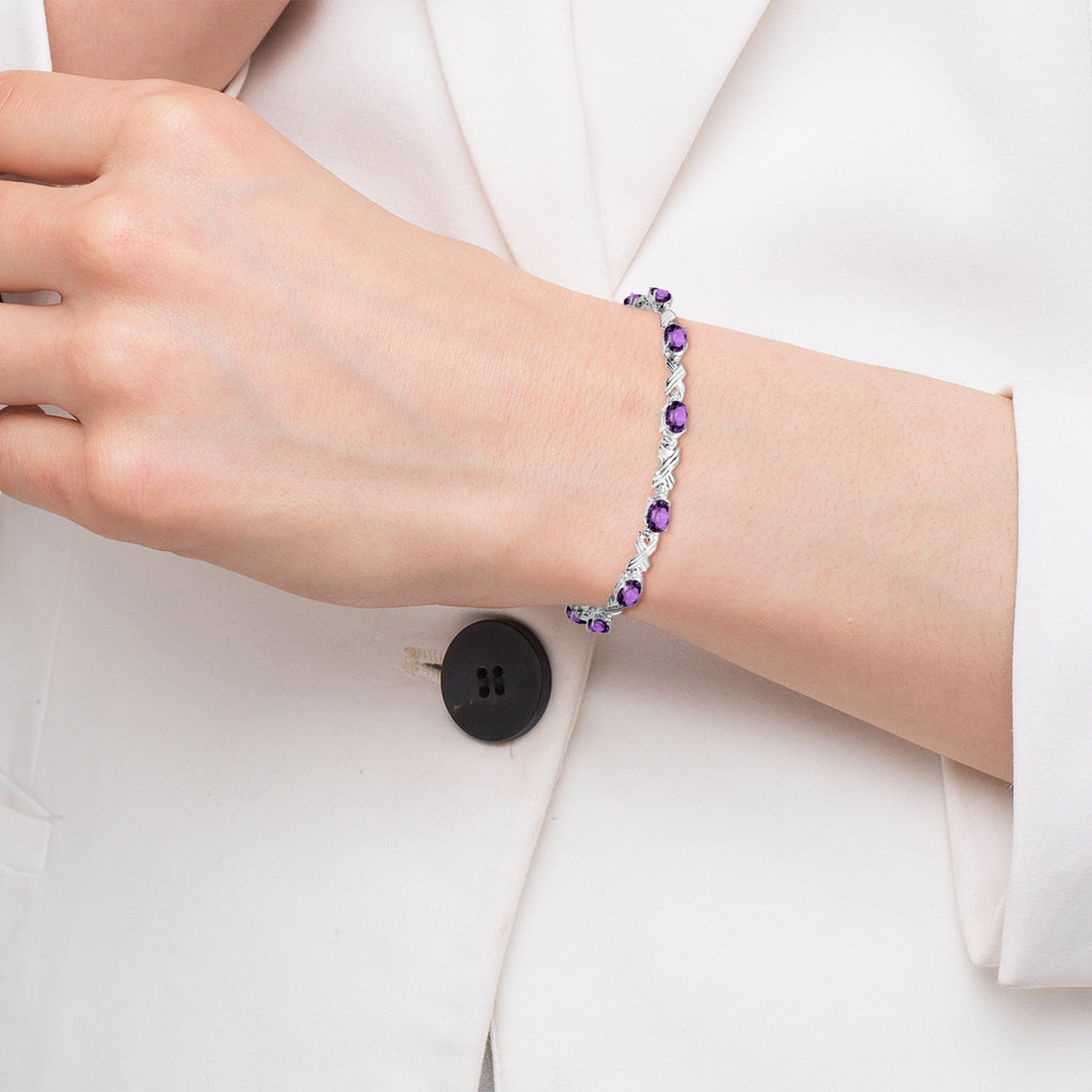 Lab Amethyst & Lab Diamond XOXO Link Bracelet in 14k White Gold (6.65ct)