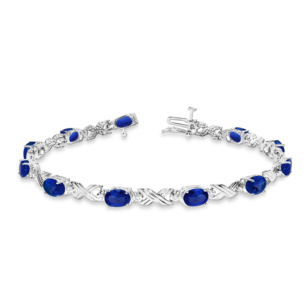 Lab Blue Sapphire & Lab Diamond XOXO Link Bracelet in 14k White Gold (6.65ct)