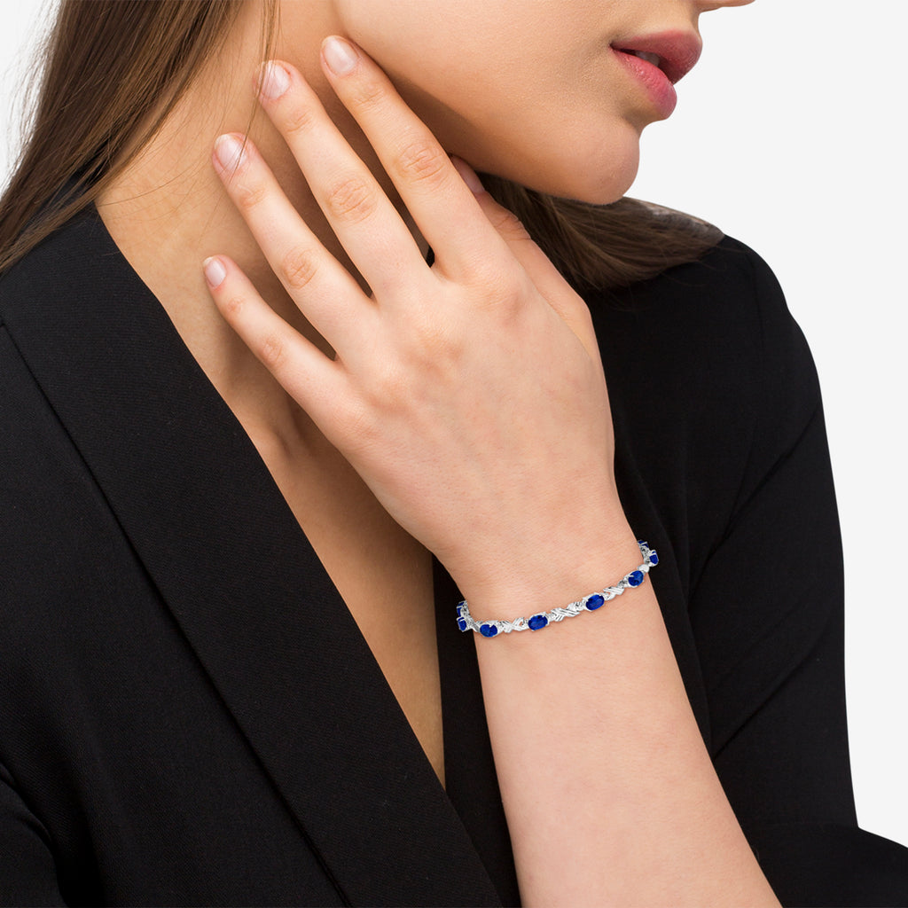 Lab Blue Sapphire & Lab Diamond XOXO Link Bracelet in 14k White Gold (6.65ct)