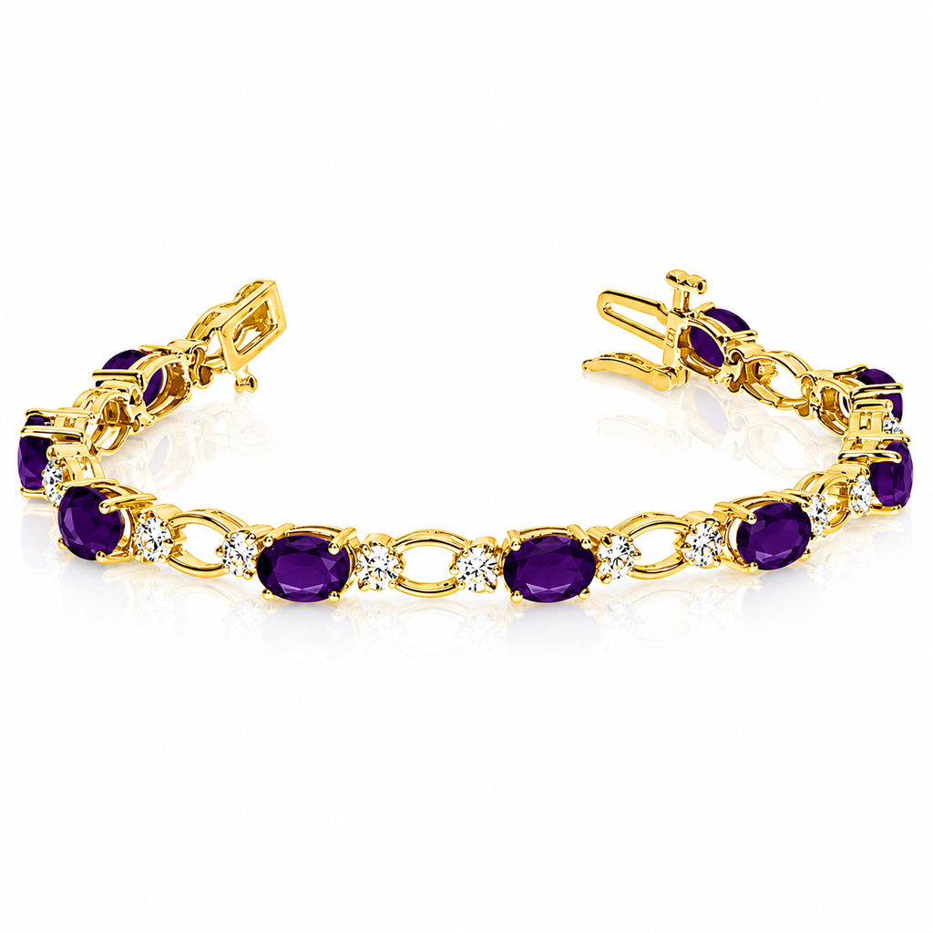 Oval Amethyst and Diamond Link Bracelet 14k Yellow Gold (6.72 ctw)