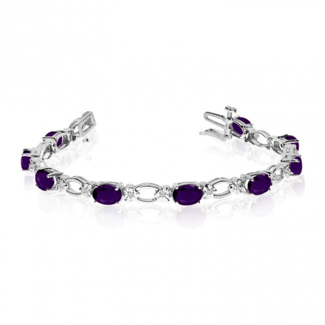 Oval Amethyst and Diamond Link Bracelet 14k White Gold (6.72 ctw)