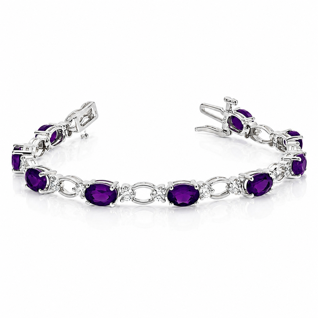Oval Amethyst and Diamond Link Bracelet 14k White Gold (6.72 ctw)