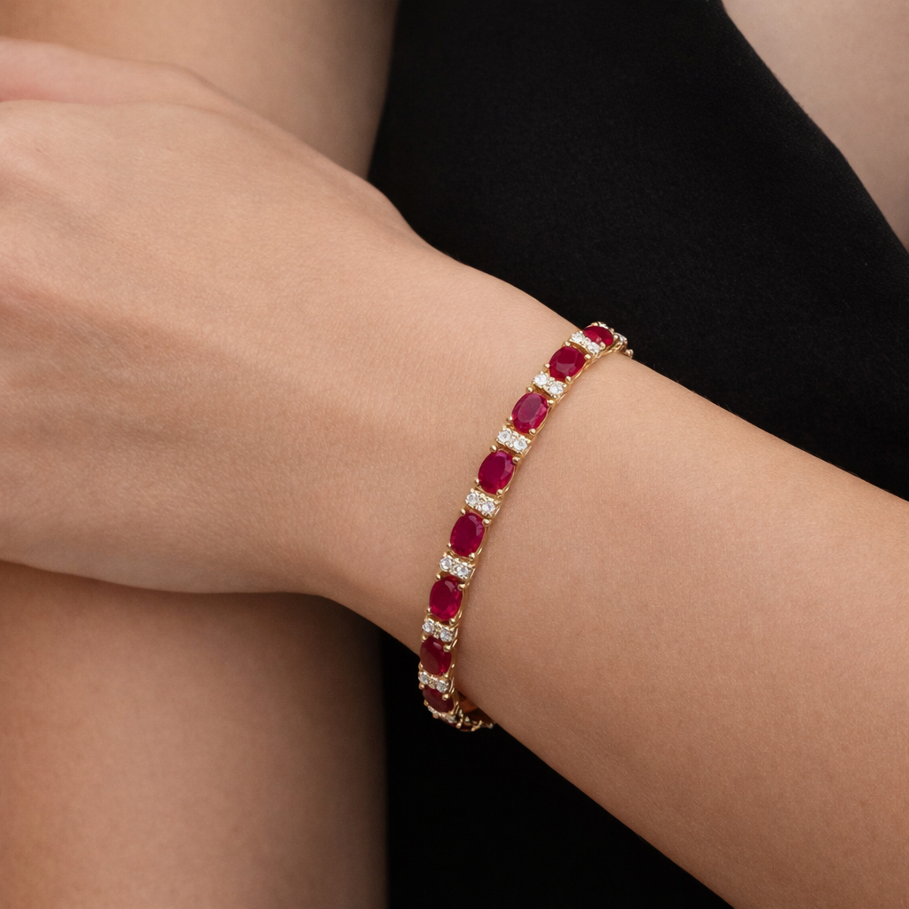 Lab Diamond & Oval Cut Lab Ruby Tennis Bracelet 14k Yellow Gold (9.25ctw)