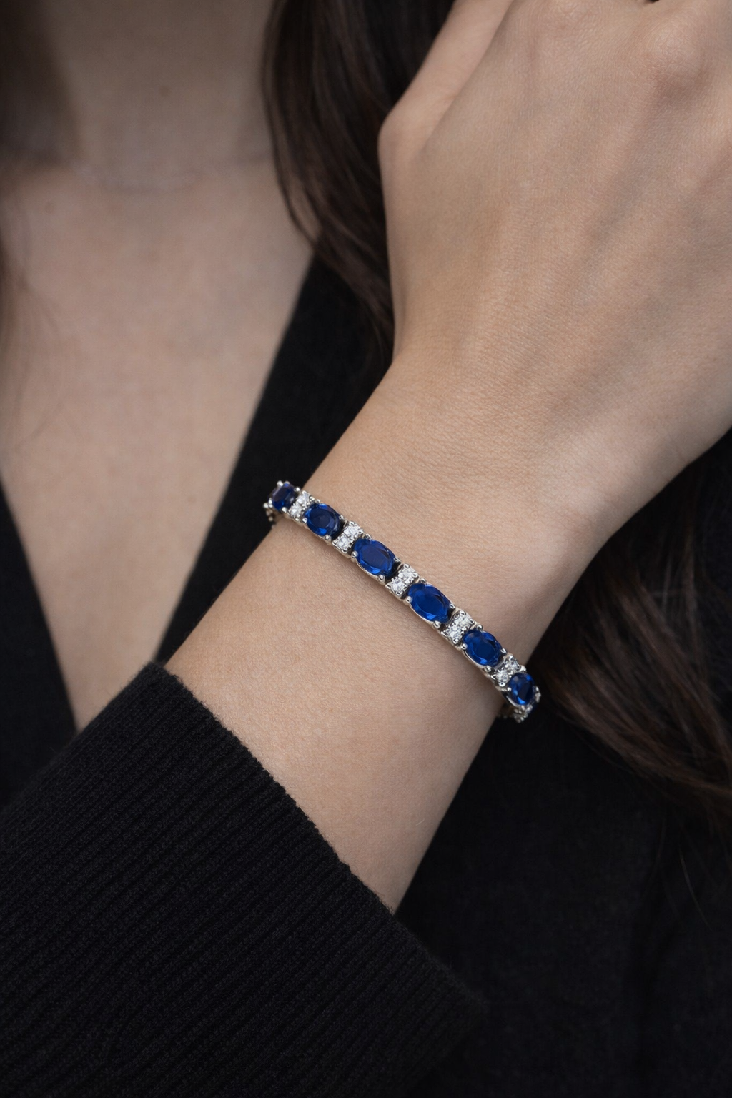 Diamond & Oval Cut Sapphire Tennis Bracelet 14k White Gold (9.25ctw)