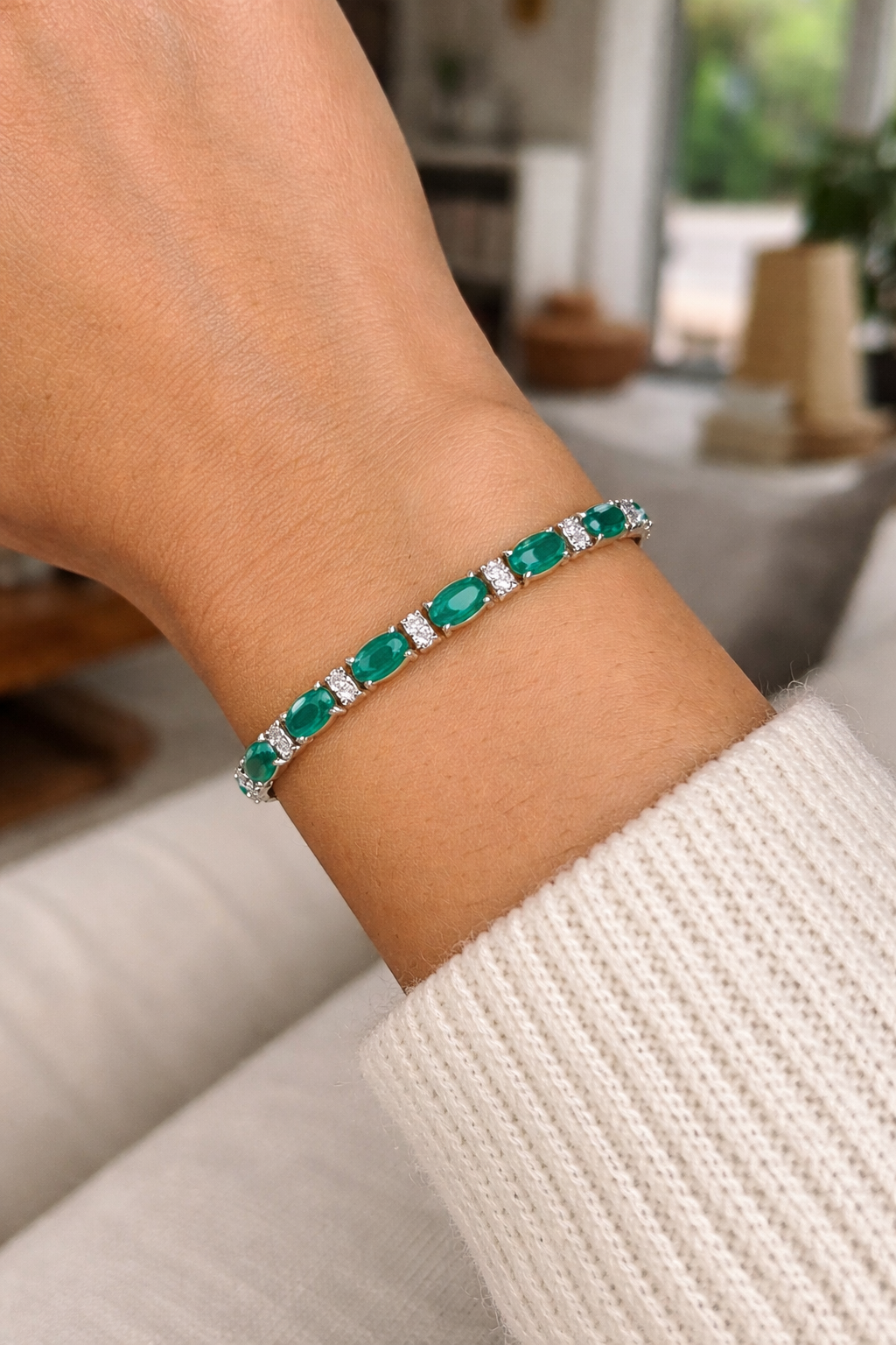 Lab Diamond & Oval Cut Lab Emerald Tennis Bracelet 14k White Gold (9.25ctw)