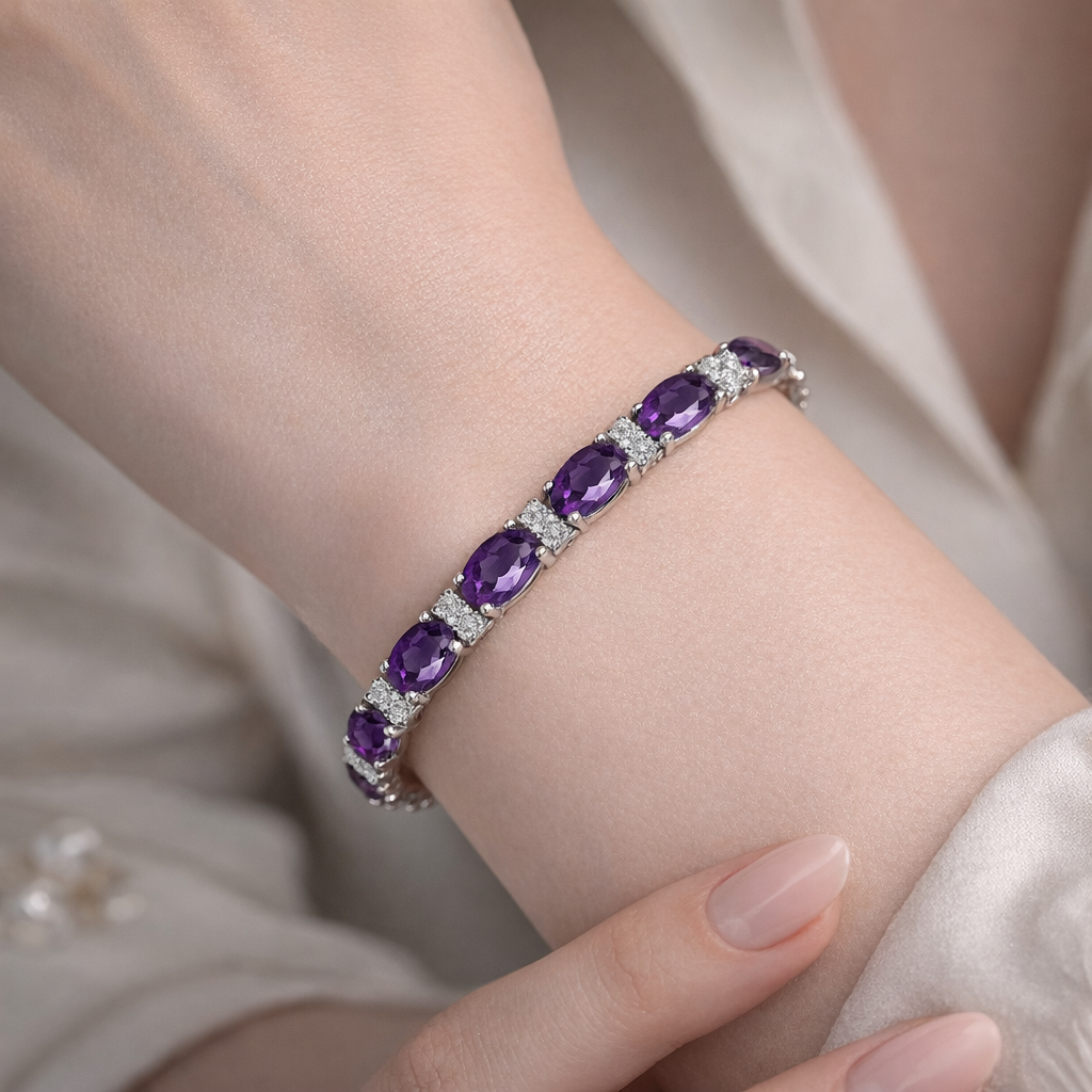Diamond & Oval Cut Amethyst Tennis Bracelet 14k White Gold (9.25ct)