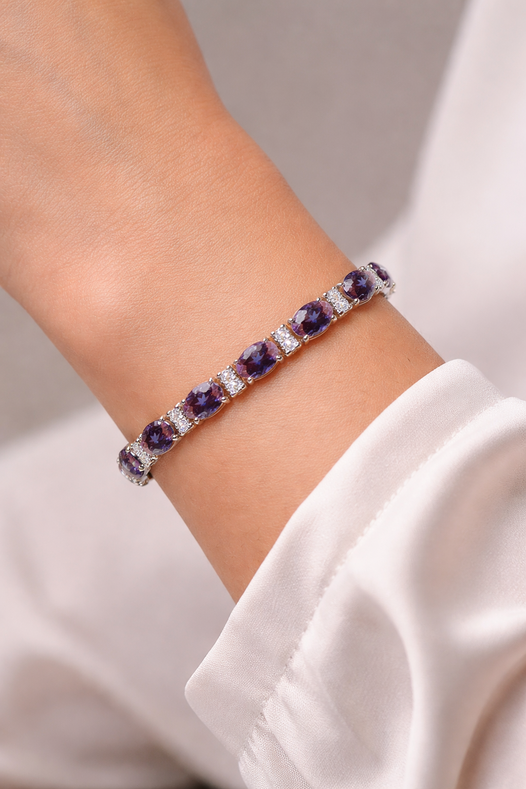 Diamond & Oval Cut Lab Alexandrite Tennis Bracelet 14k White Gold (9.25ct)