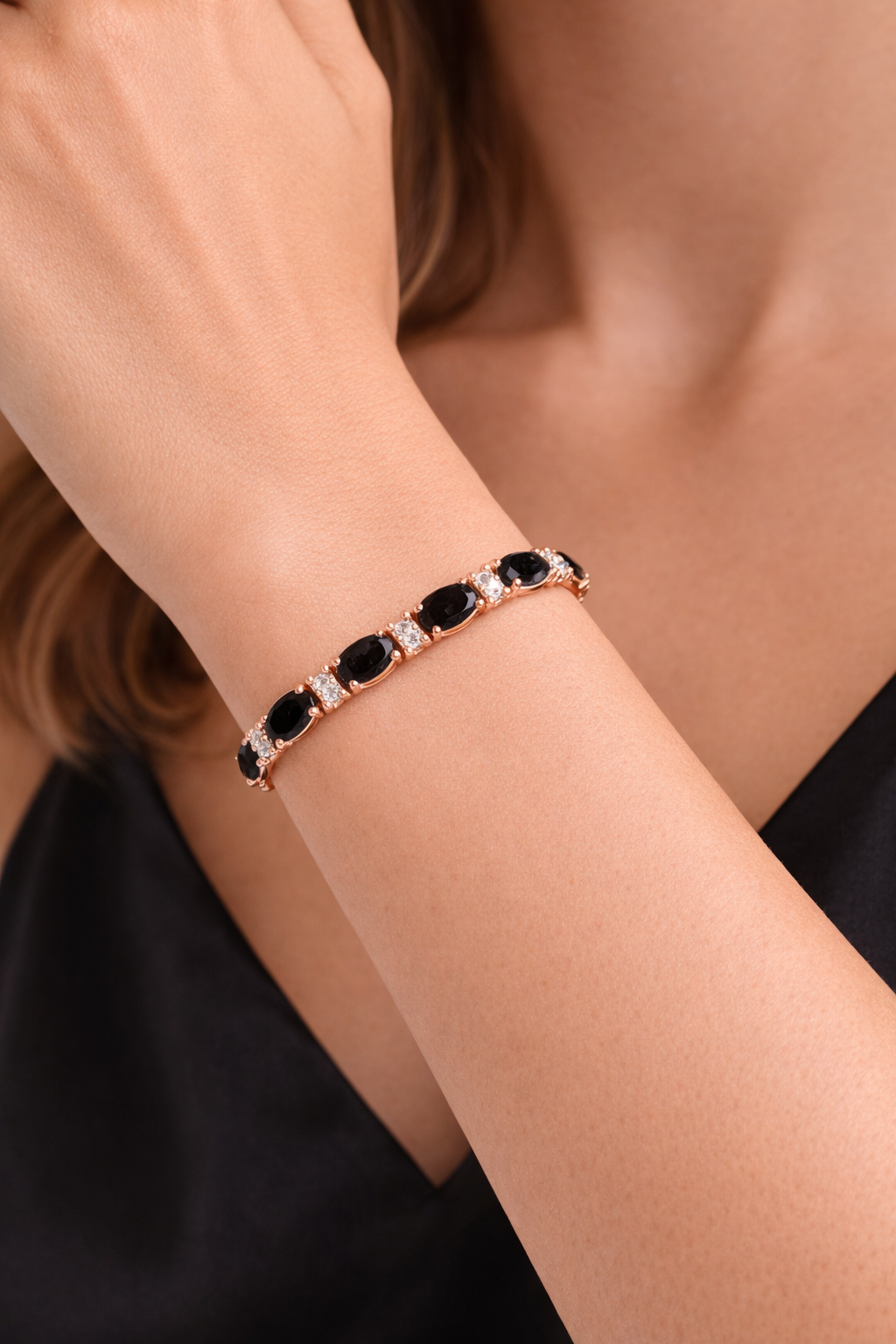 Black & Lab White Diamond Oval Cut Tennis Bracelet 14k Rose Gold (9.25ctw)