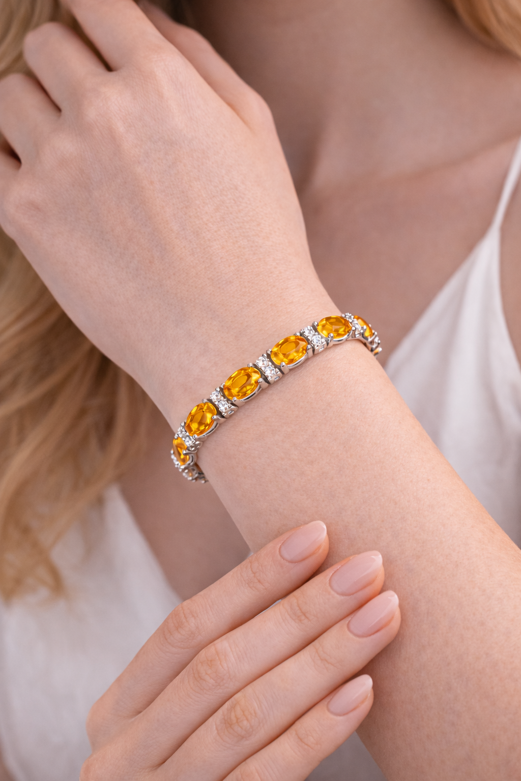 Diamond & Oval Cut Citrine Tennis Bracelet 14k White Gold (9.25ct)