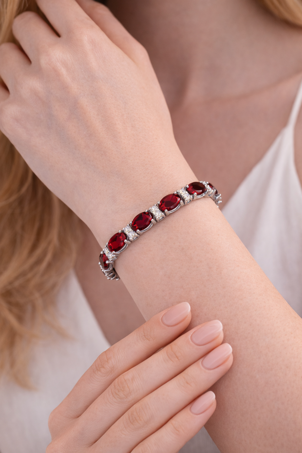 Diamond & Oval Cut Garnet Tennis Bracelet 14k White Gold (9.25ct)