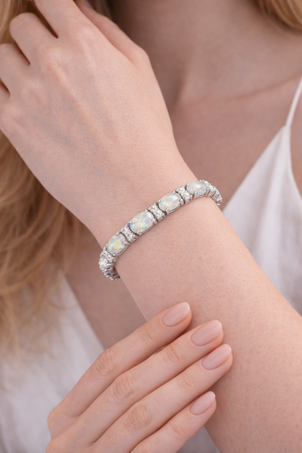 Diamond & Oval Cut Opal Tennis Bracelet 14k White Gold (9.25ct)