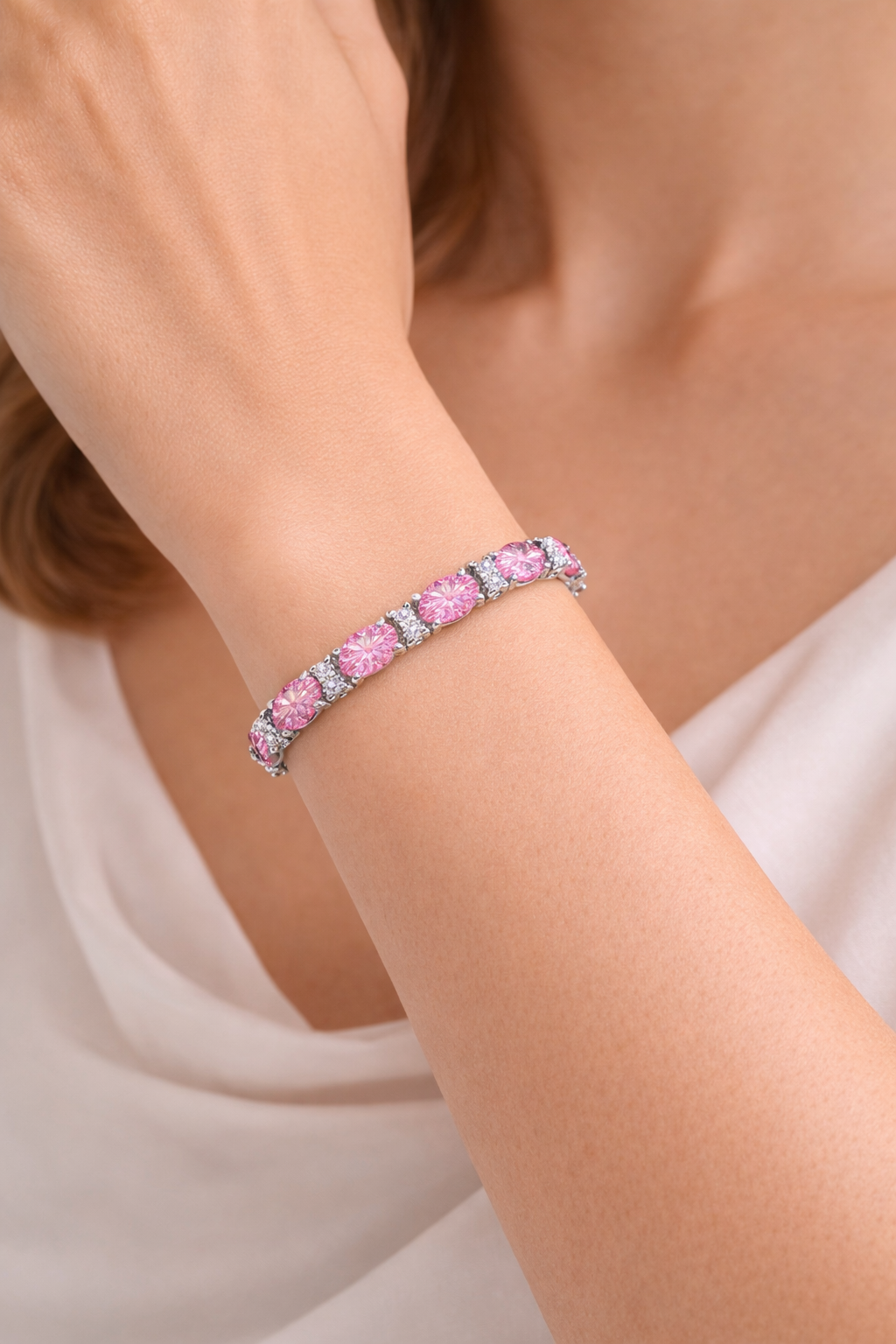 Lab Diamond & Oval Cut Lab Pink Tourmaline Tennis Bracelet 14k W Gold (9.25ct)