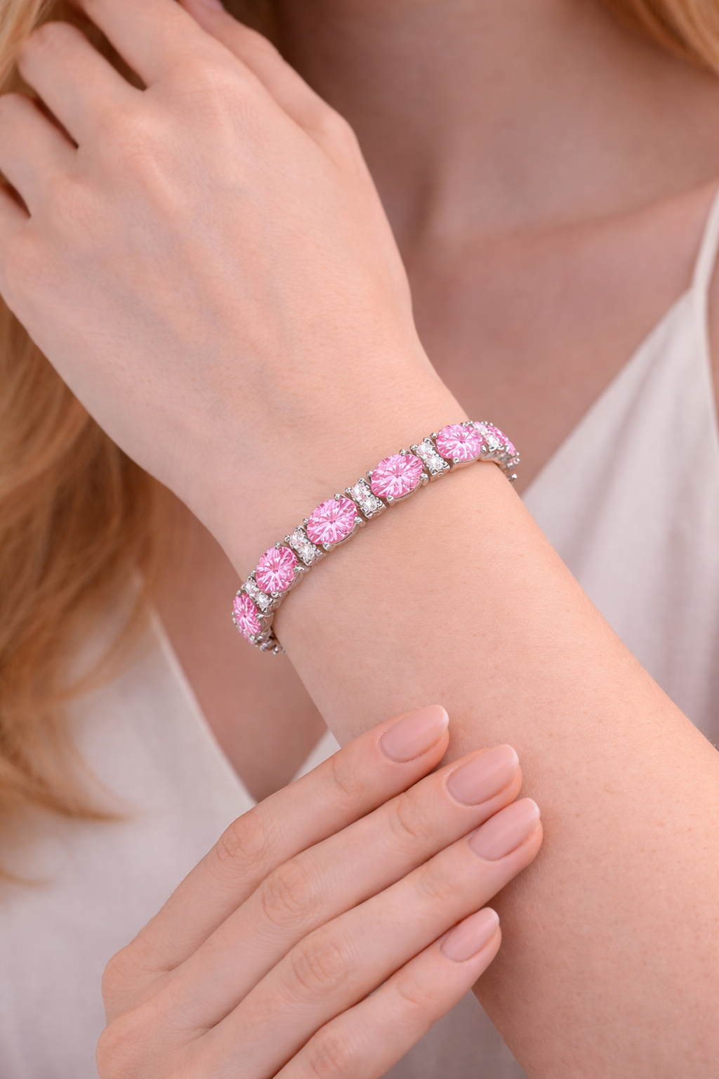 Diamond & Oval Cut Pink Tourmaline Tennis Bracelet 14k W Gold (9.25ct)