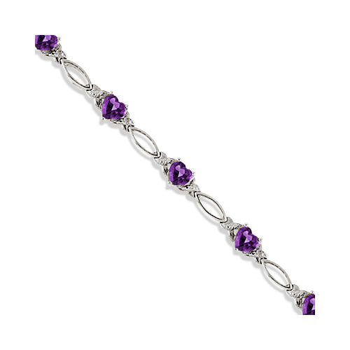 Heart Shaped Amethyst & Diamond Link Bracelet 14k White Gold (3.00ctw)