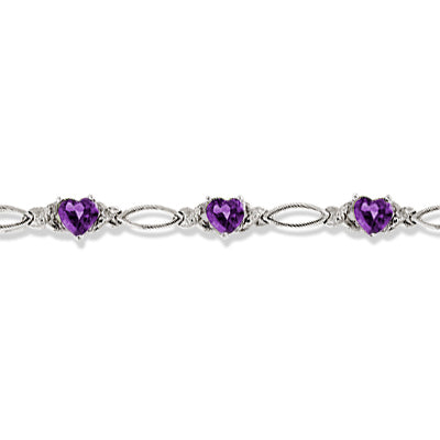 Heart Shaped Amethyst & Diamond Link Bracelet 14k White Gold (3.00ctw)