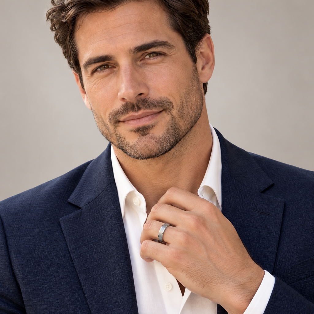 Male model wearing 6mm brushed center beveled tungsten wedding band in studio