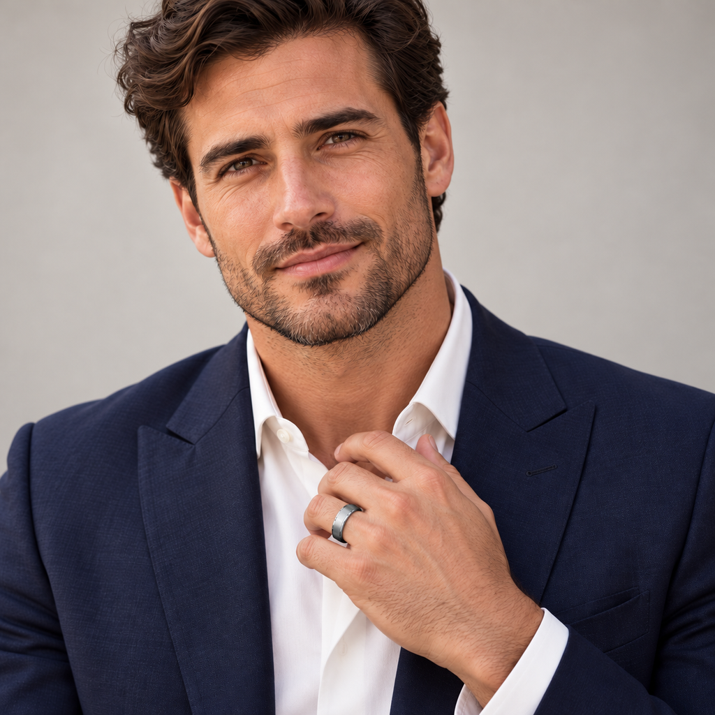 Male model wearing 6mm raised center tungsten wedding band in studio