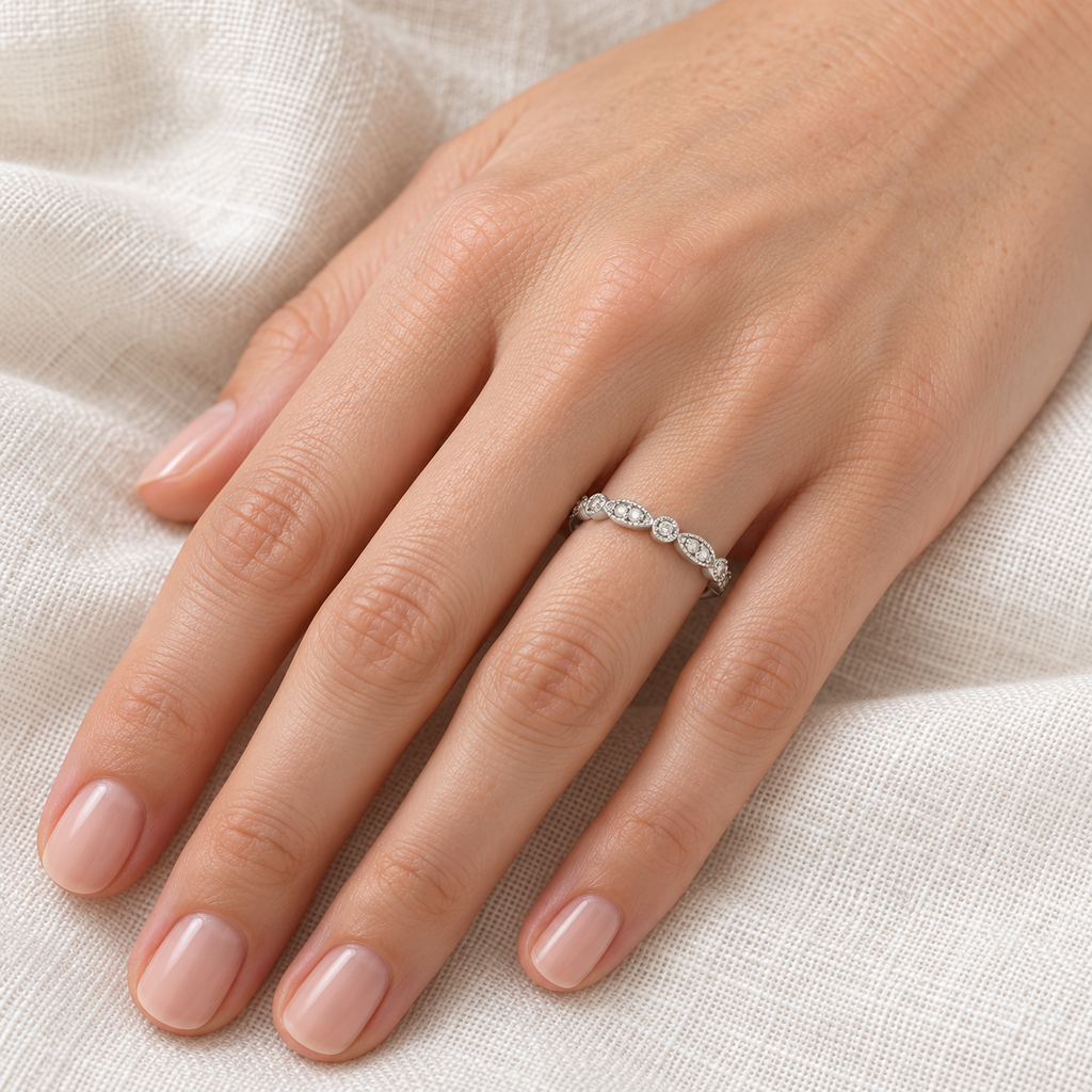 Petite marquise and dot natural diamond wedding band in 14k white gold on hand