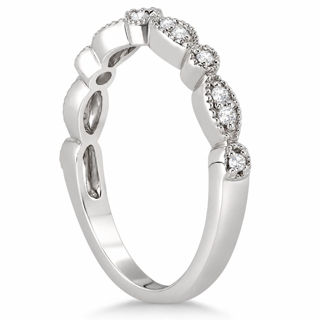 Petite marquise and dot natural diamond wedding band in 14k white gold, side view