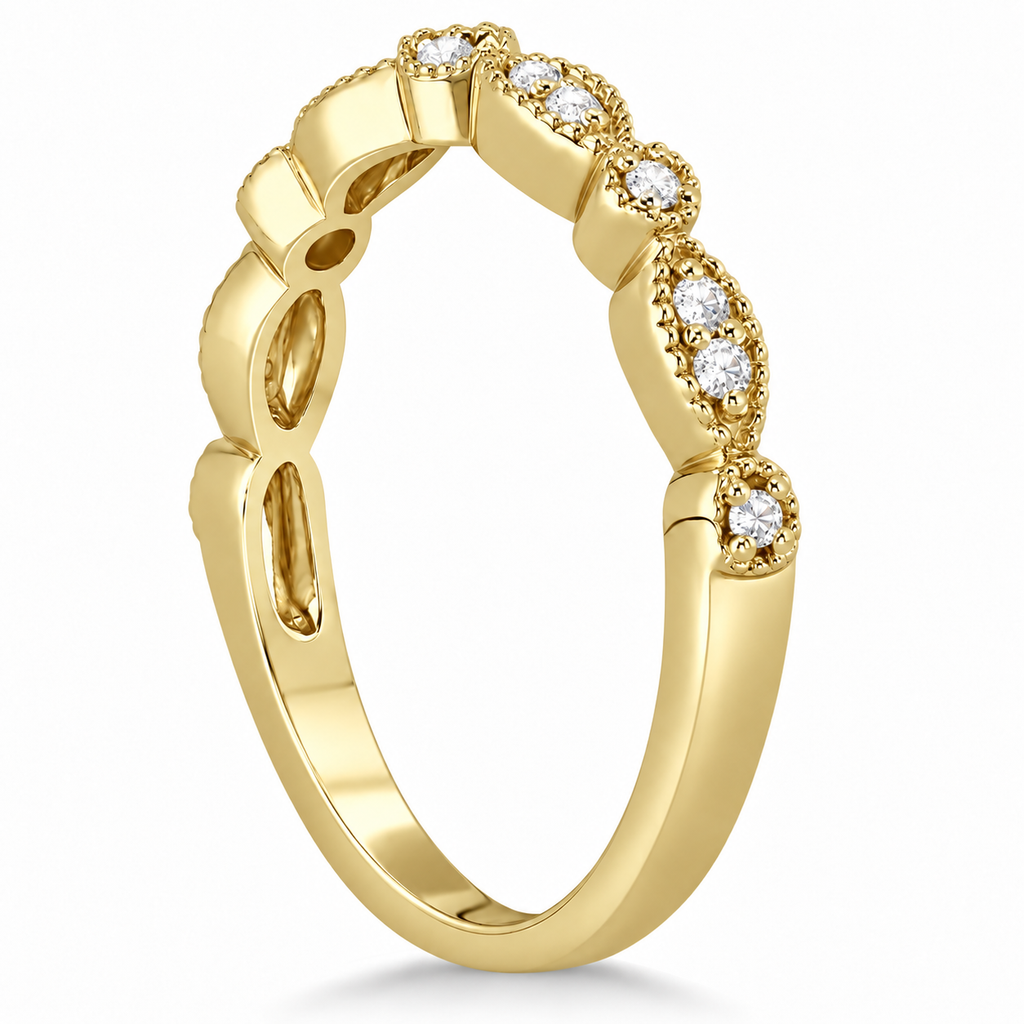 Petite marquise and dot natural diamond wedding band in 14k yellow gold, side view