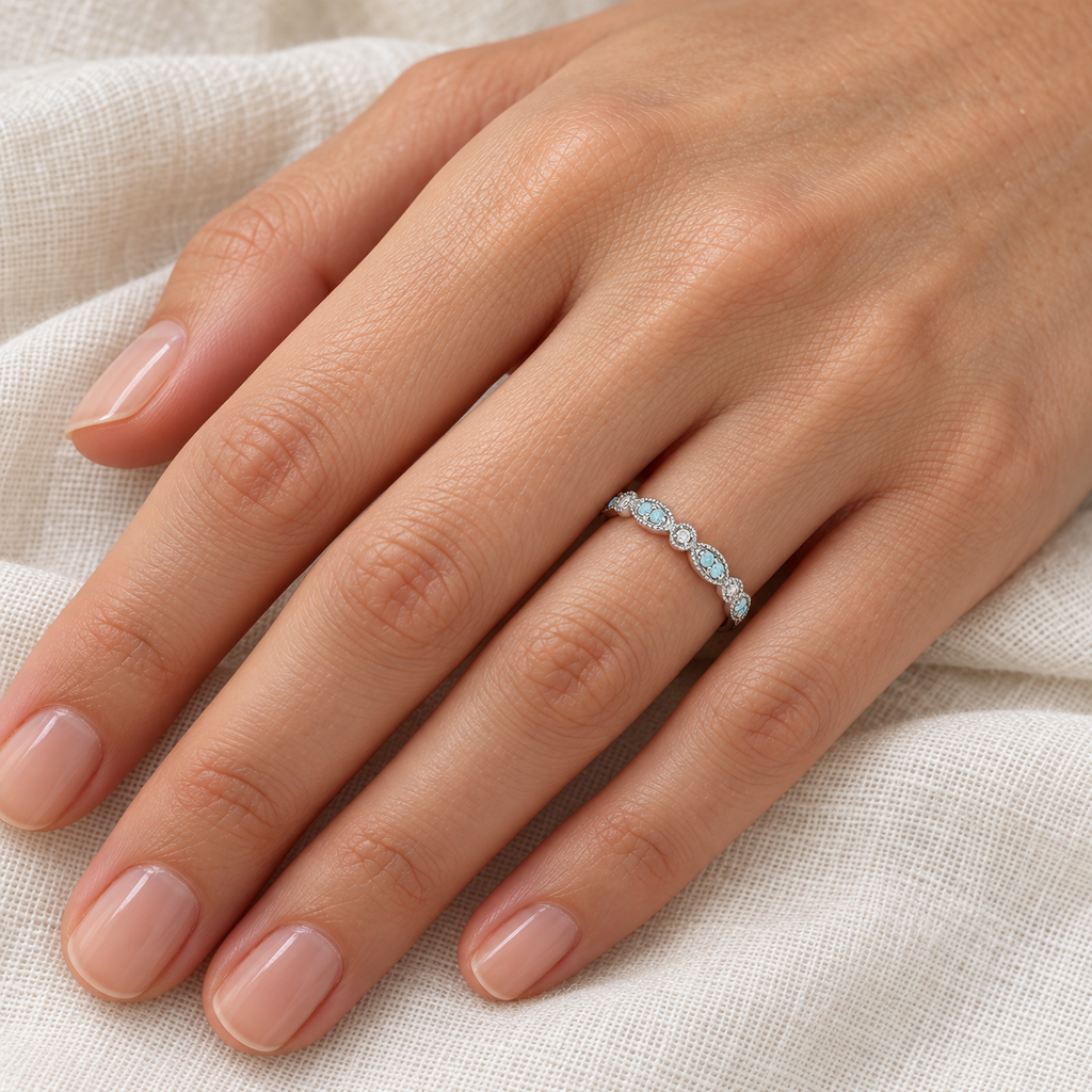 U5099 natural aquamarine and diamond marquise and dot band in 14k white gold, 2.4mm, linen