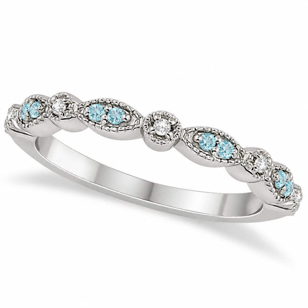 U5099 natural aquamarine and diamond marquise and dot band in 14k white gold, 2.4mm, main