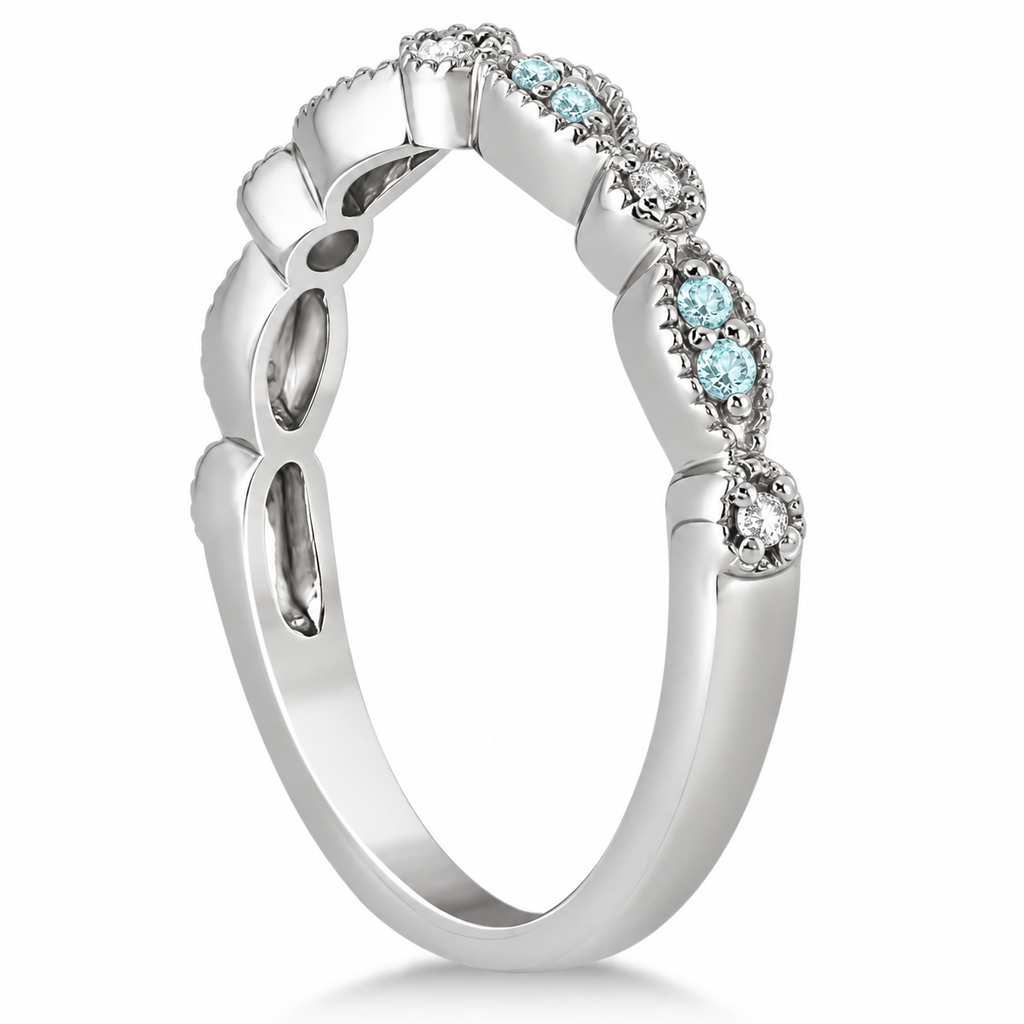 U5099 natural aquamarine and diamond marquise and dot band in 14k white gold, 2.4mm, side