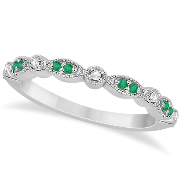 Petite natural emerald and diamond marquise band in 14k white gold, main product view on white