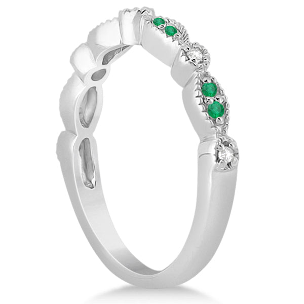 Petite natural emerald and diamond marquise band in 14k white gold, upright side view on white