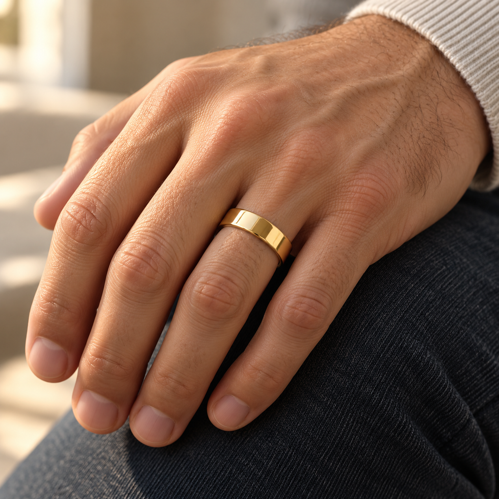 Men's Wedding Ring Low Dome Comfort-Fit in 14k Yellow Gold (6mm) - on hand