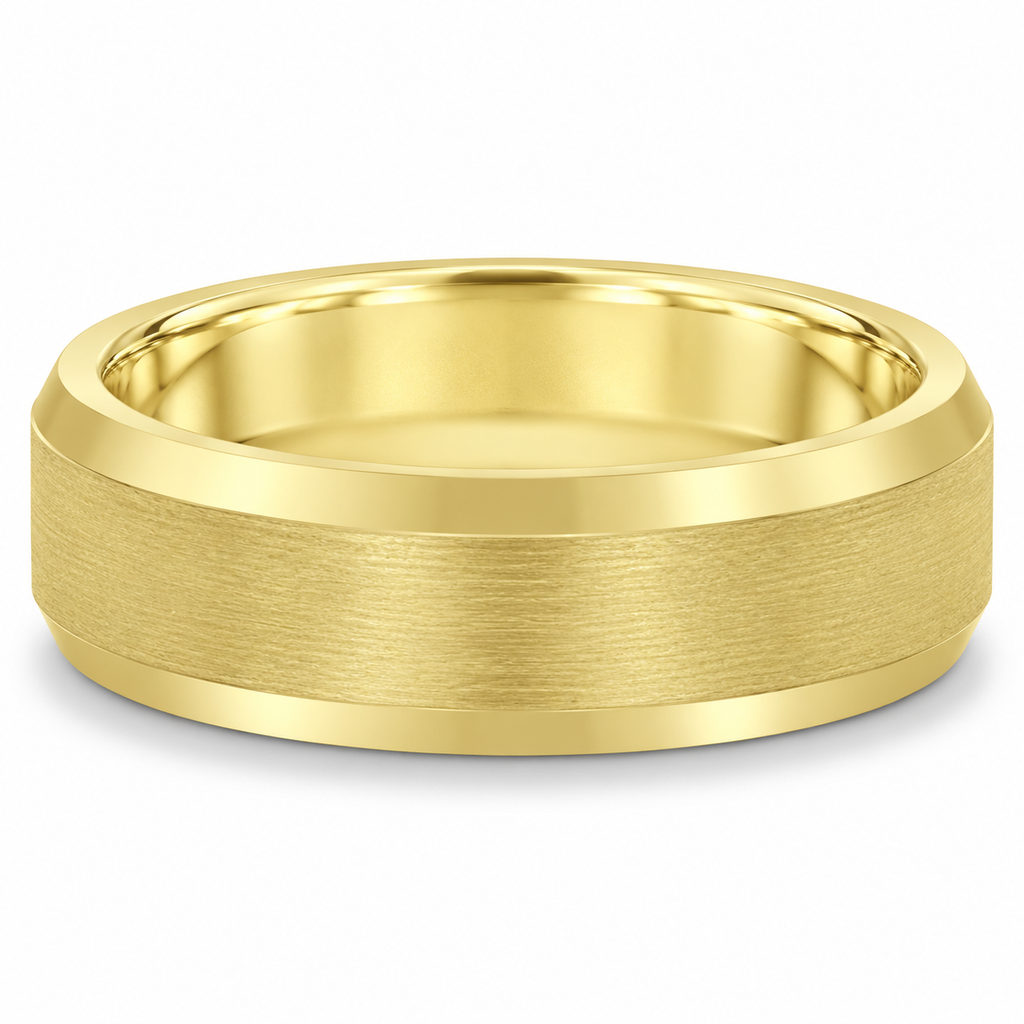 Comfort-Fit Carved Wedding Band in 14k Yellow Gold (7mm) - Front product view with natural shadow