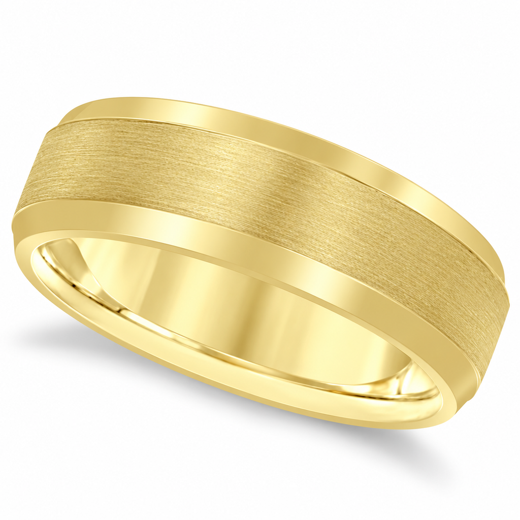 Comfort-Fit Carved Wedding Band in 14k Yellow Gold (7mm) - Angled product view on white with natural shadow