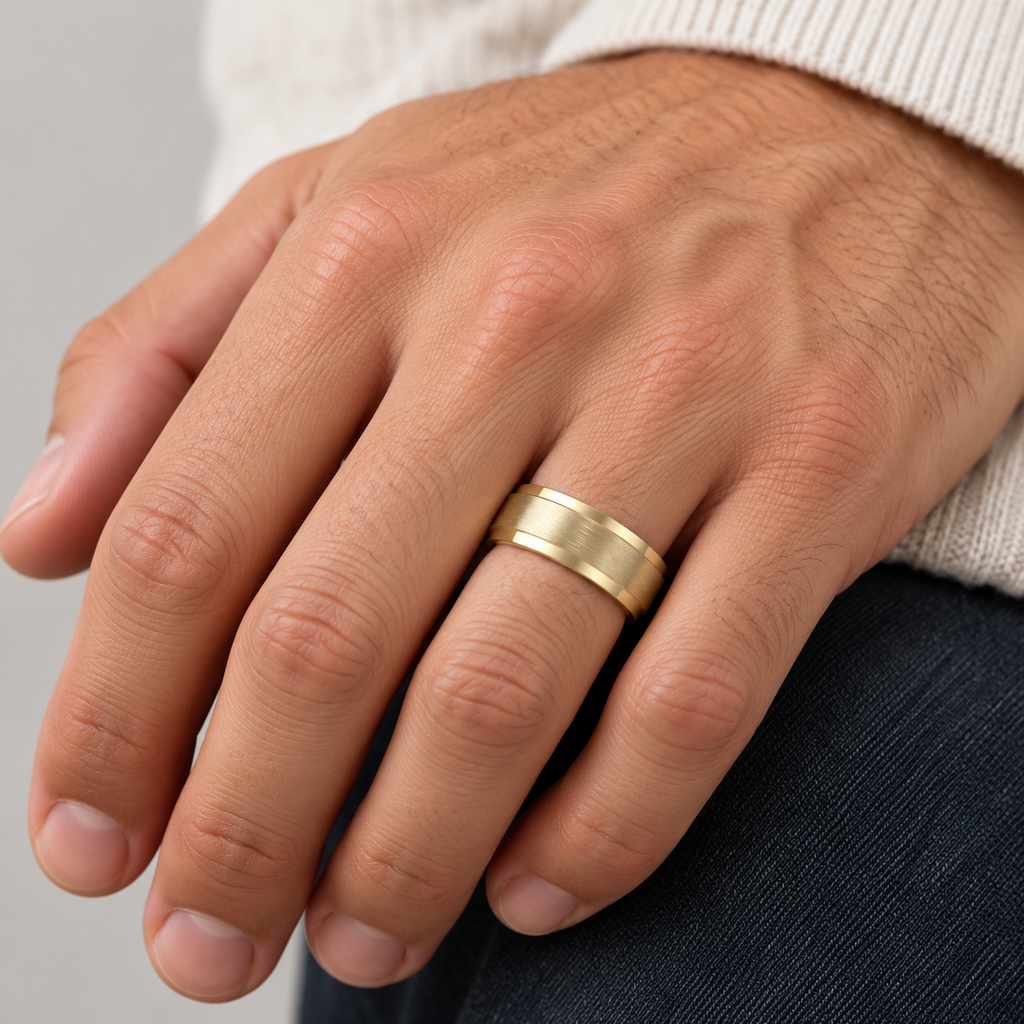 Comfort-Fit Carved Wedding Band in 14k Yellow Gold (7mm) - Male hand wearing wedding band