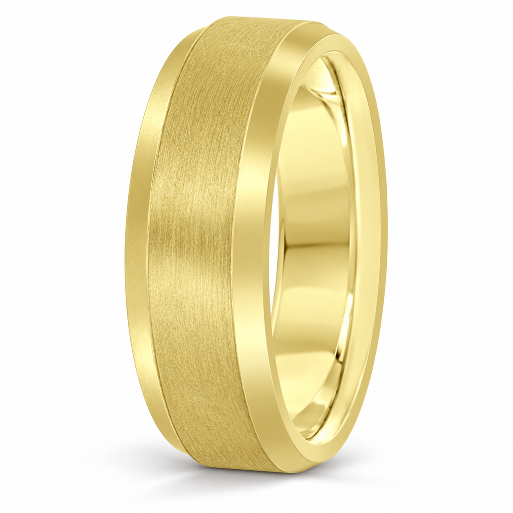 Comfort-Fit Carved Wedding Band in 14k Yellow Gold (7mm) - Upright product view with natural shadow
