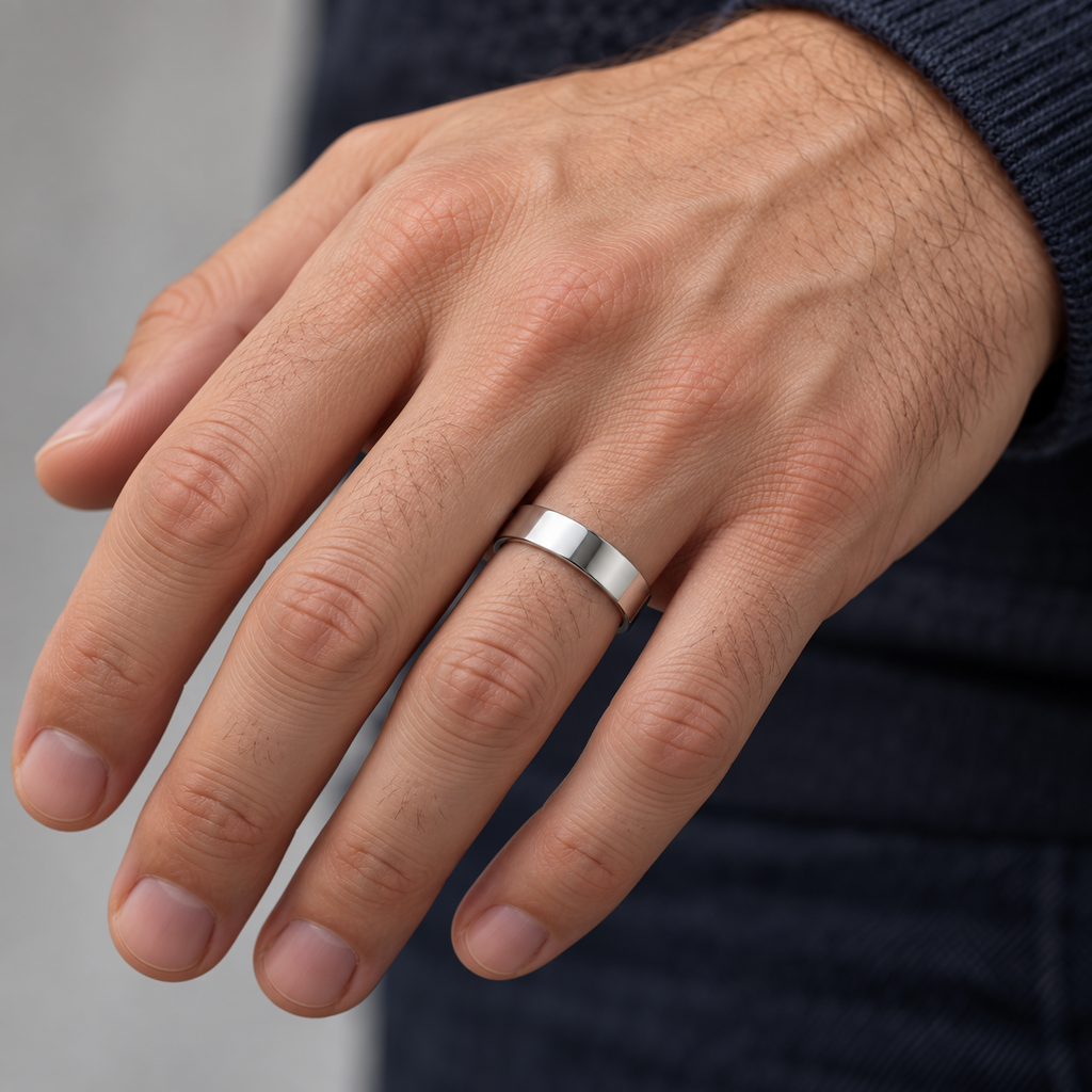 UB61 5mm 14k white gold wedding band on male hand