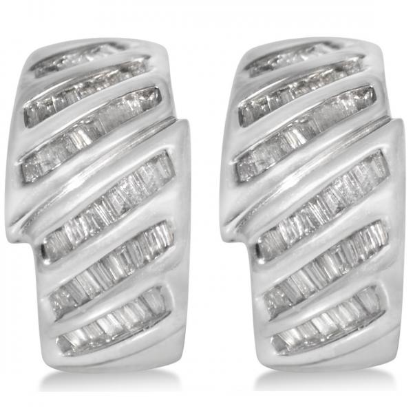 Diamond Accented Baguette Huggie Earrings in 14k White Gold (1.25ct)