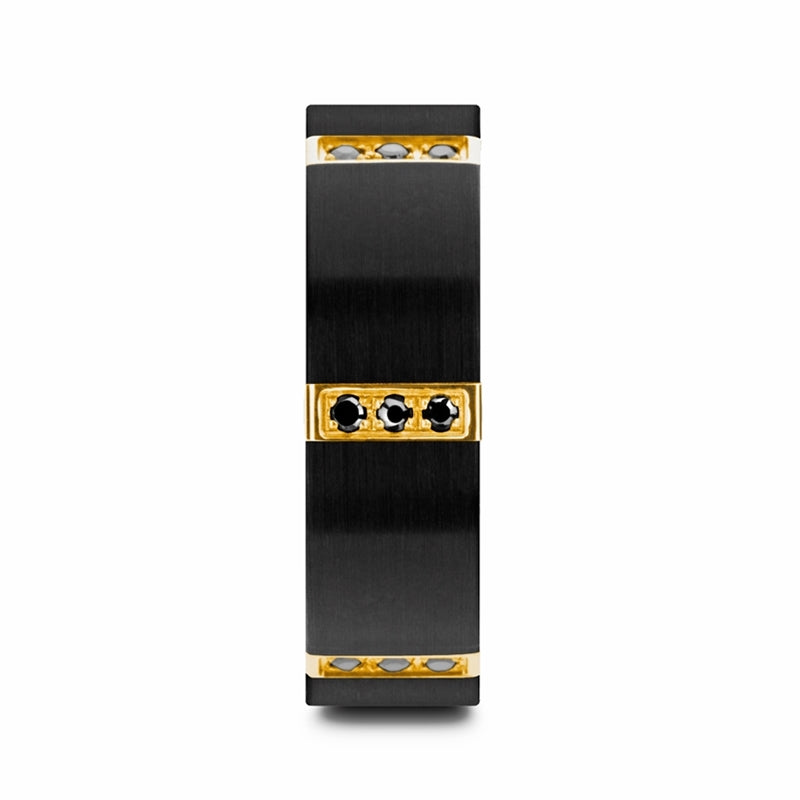 Brushed Gold Plated Bezels & Black Diamond Tungsten Wedding Band (8mm)