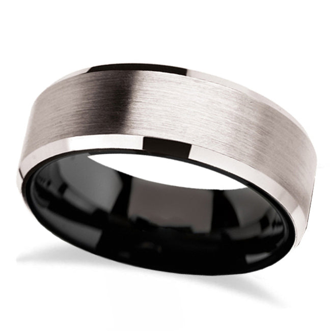 Beveled Edges & Black Interior White Tungsten Wedding Band (8mm)