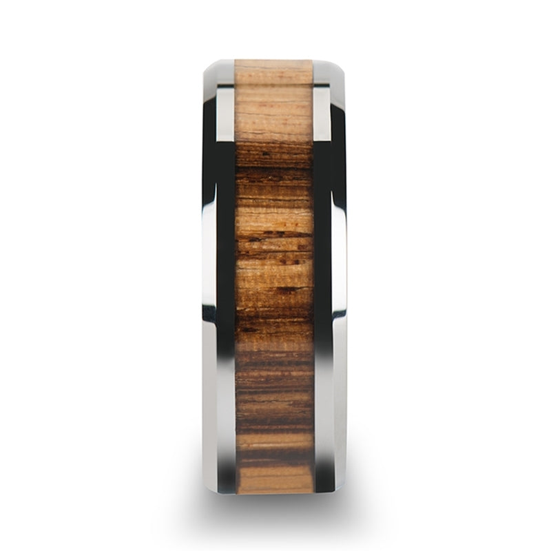 Beveled Edges and Real Zebra Wood Inlay Tungsten Wedding Band (6mm)