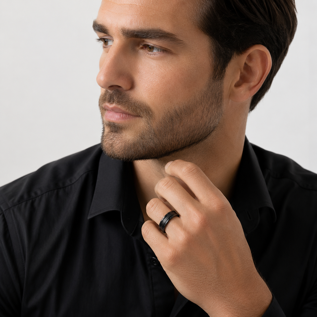 Brushed Center and Beveled Carbide Black Tungsten Wedding Band (6mm)