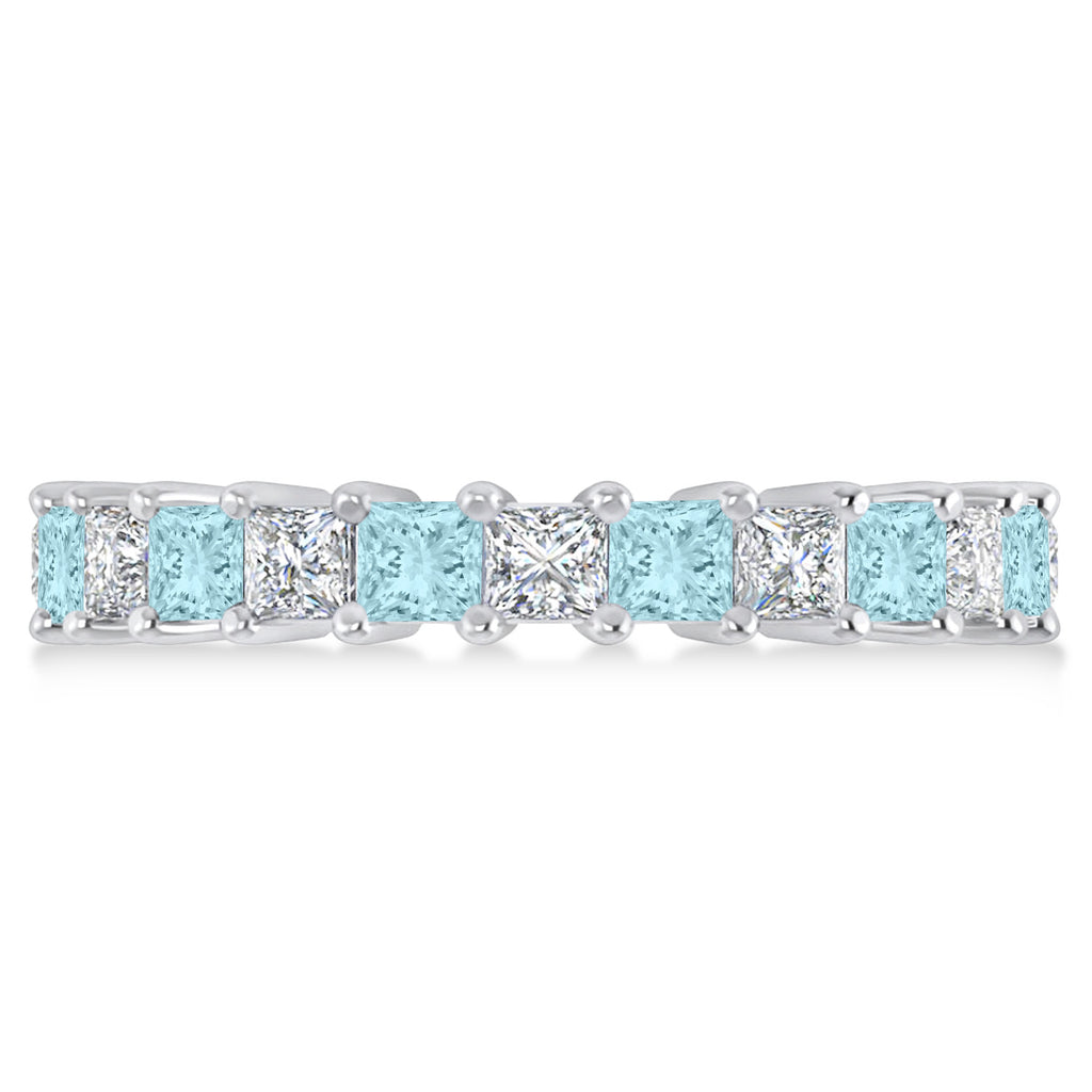 Princess Diamond & Aquamarine Wedding Band 14k White Gold (3.12ct)