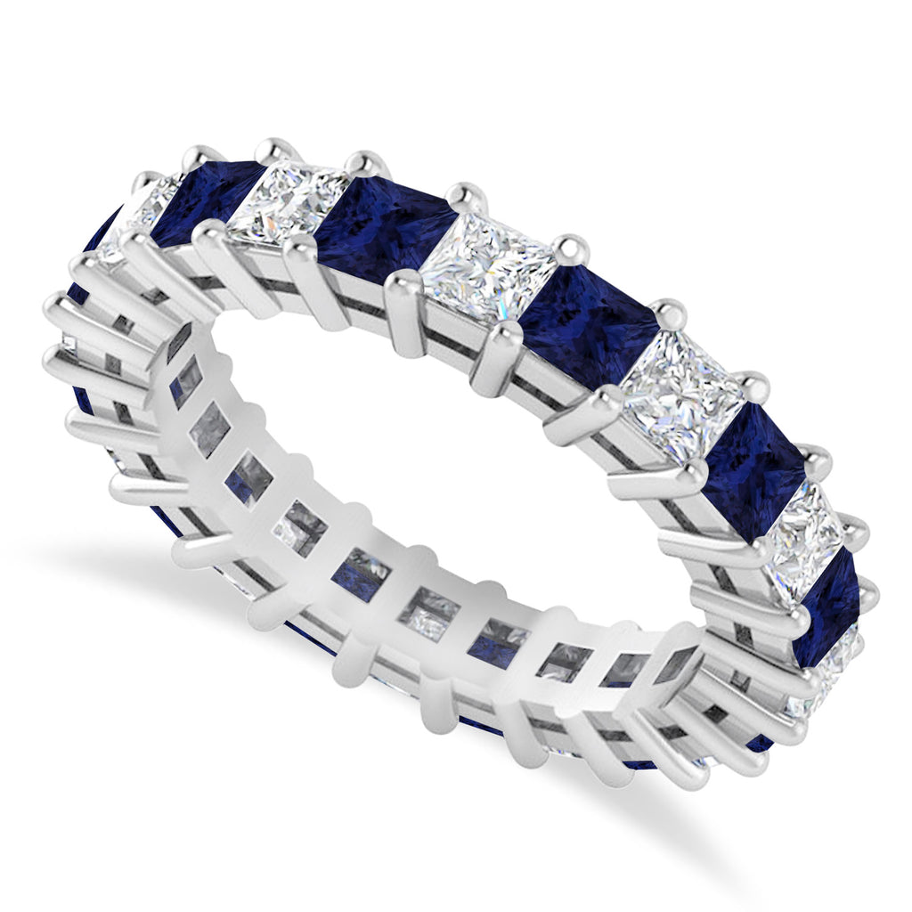 Princess Diamond & Blue Sapphire Wedding Band 14k White Gold (3.12ct)
