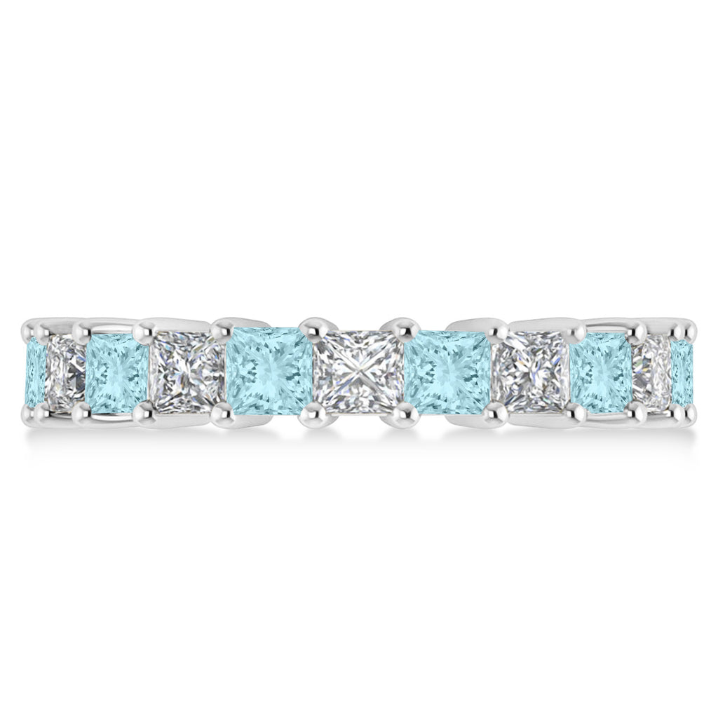 Princess Diamond & Aquamarine Wedding Band 14k White Gold (4.18ct)