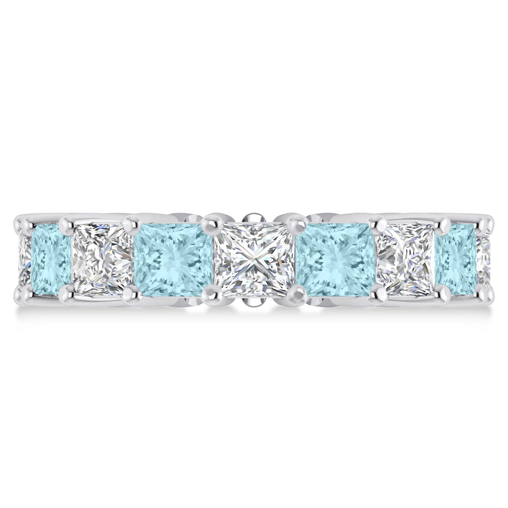 Princess Diamond & Aquamarine Wedding Band 14k White Gold (7.17ct)
