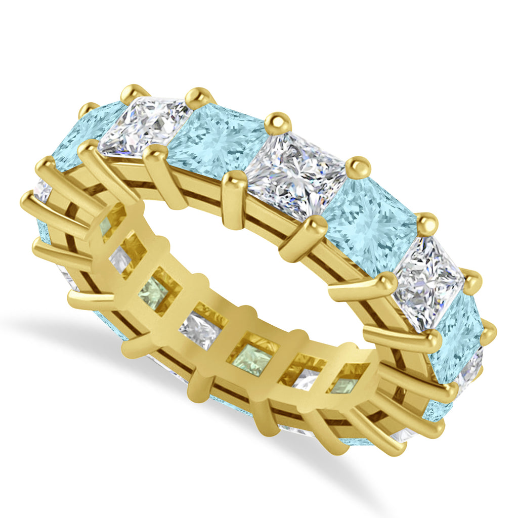 Princess Diamond & Aquamarine Wedding Band 14k Yellow Gold (7.17ct)
