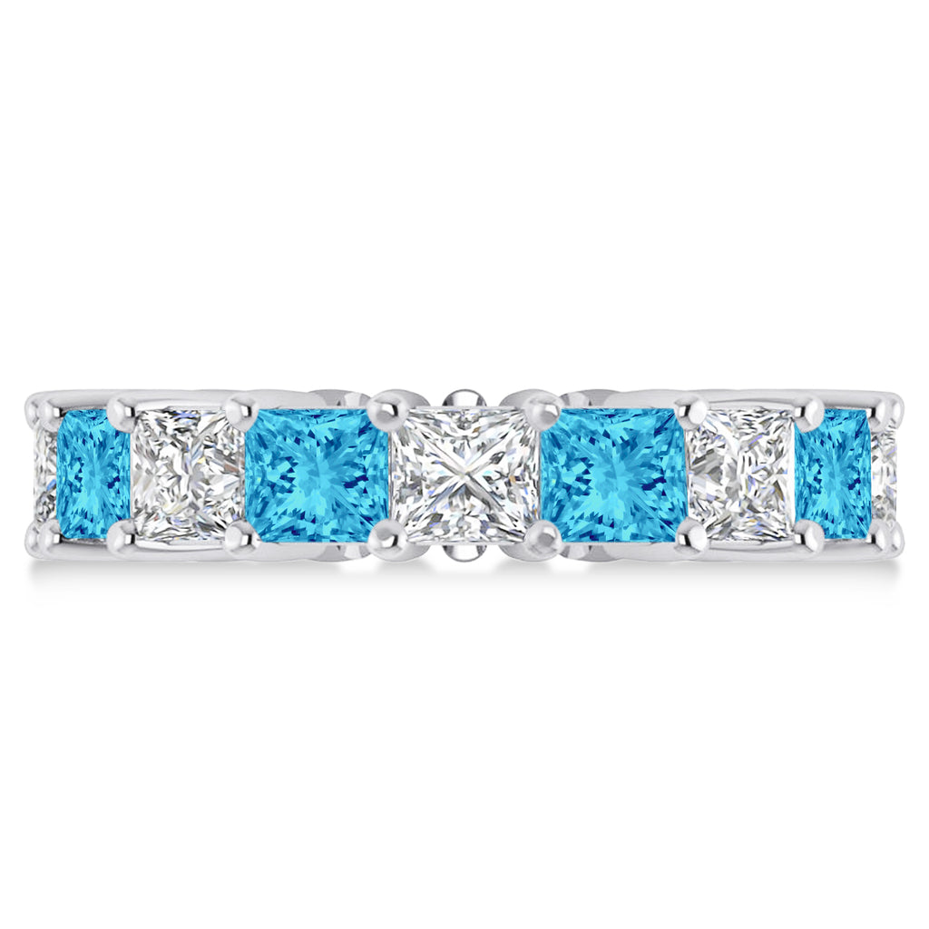 Princess Diamond & Blue Topaz Wedding Band 14k White Gold (7.17ct)