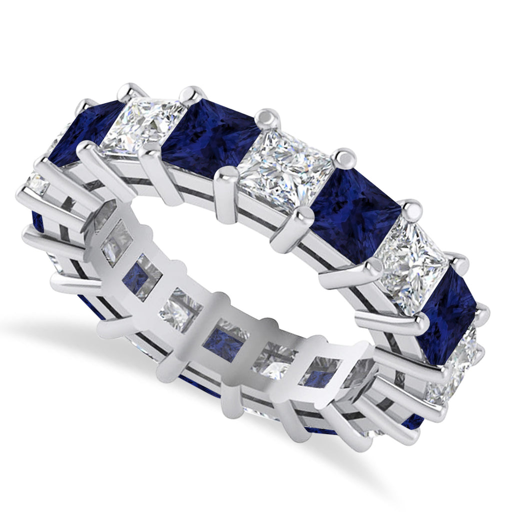 Princess Diamond & Blue Sapphire Wedding Band 14k White Gold (5.94ct)